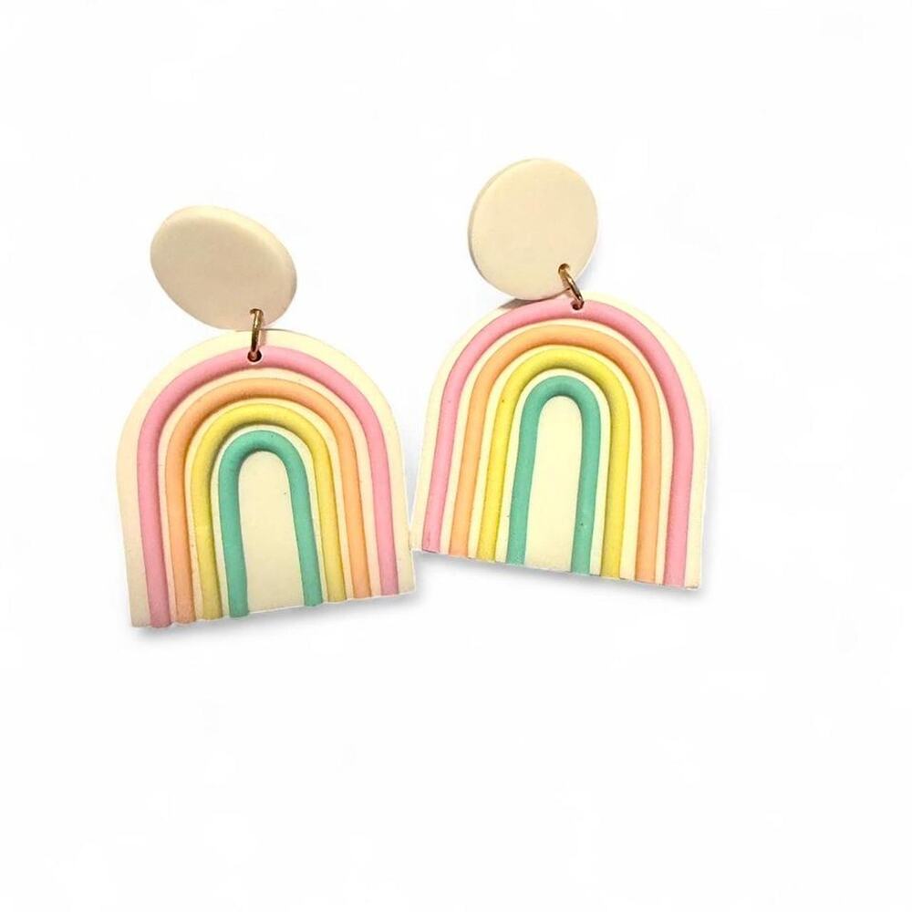 Cotton and Clay Co Rainbow Polymer Clay Earrings White Circle Handmade